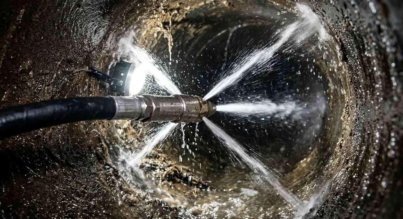 High-pressure hydro jetting nozzle cleaning sewer pipe for Emergency Drain Service in Fairfax Station