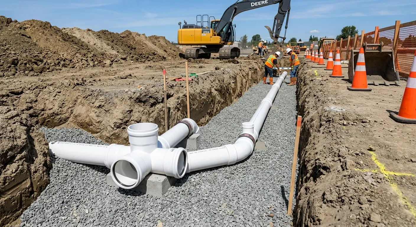 New PVC sewer pipe installation in open trench for Sewer Backup in Fairfax Station