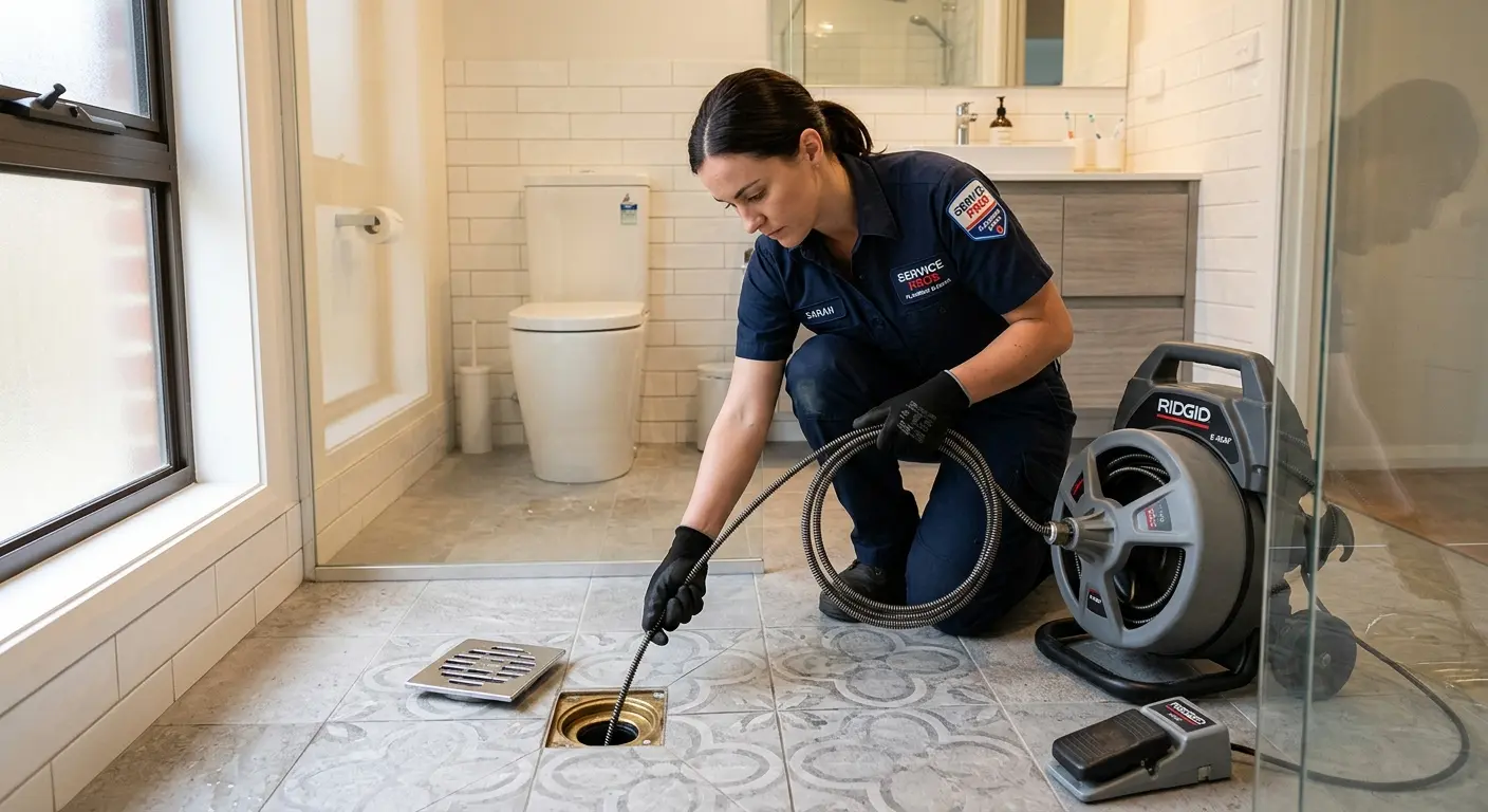 Technician clearing a bathroom floor drain for Drain Repair in Fairfax Station